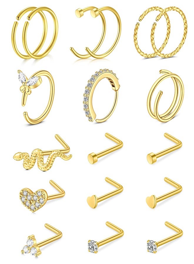 JFORYOU 18PCS Gold Nose Rings Hoops Studs 20G Hypoallergenic Nose Hoops Stainless Steel L-Shaped Nose Studs for Women Men Clear CZ Heart Moon Butterfly Snake Nose Piercing Jewelry - Image 1